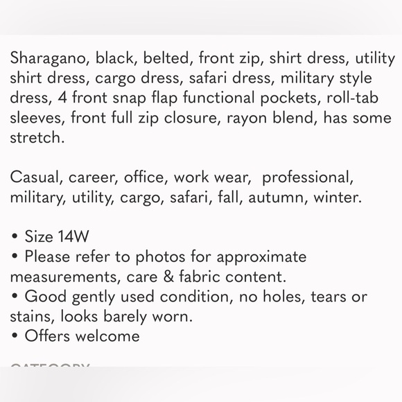 Sharagano Belted Zip Shirt Dress Safari Patch Pocket Roll Tab Sleeve Black - Picture 16 of 16